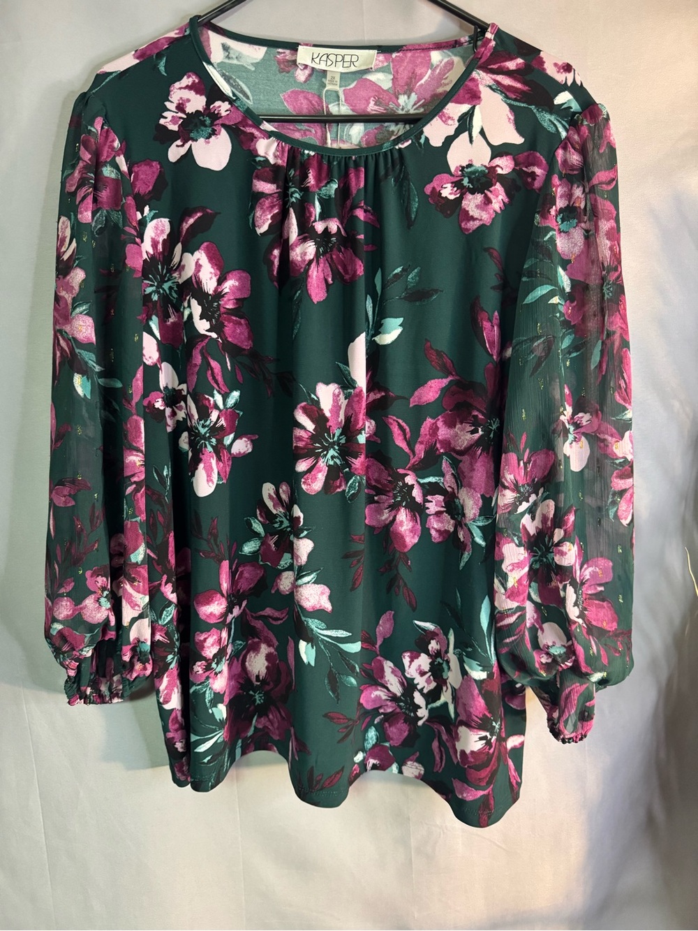 Kasper Teal Floral Sheer sleeve Blouse with Magenta Blooms